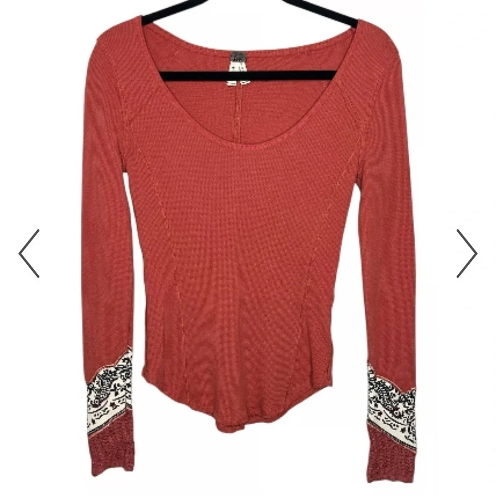 Free People Bandana Cuff Thermal Waffle Knit Layering Long Sleeve Top